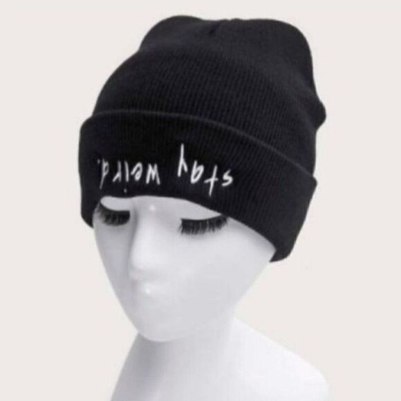 "Stay Weird" Black Cuffed Knit Beanie Hat - Picture 1 of 7